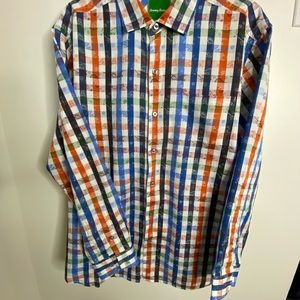 Tommy Bahama size L, long sleeve blue/black/red/green plaid with accent collar
